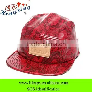 Red Fashion Snakeskin Custom Flat Brim 5 Panel Leather Hat thumbnail-1