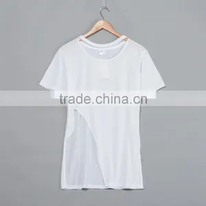 Fashion Lady Side Slits Asymmetric Hem T-shirt .sublimation Blanks. Print Your Own Design. Real Factory thumbnail-1