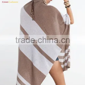 Cashmere Wool Knitted Poncho Shawls With Buttons Stripe Color Block Shawl thumbnail-4