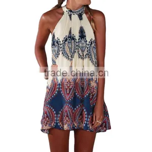 Wholesale Boho Design/Summer Loose Printed Halter Style Sleeveless Hippie Women Chiffon Dress Mini Dress Plus Size thumbnail-1