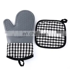 Home Kitchen BBQ Cooking Heat Resistant Oven Mitts Cotton Silicone Material Long Grill BBQ Double Oven Gloves Mitts thumbnail-1