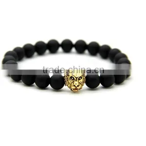8mm Matt Black Onxy Bead With 18k Gold Stainless Steel Lion Head Bracelet for Men thumbnail-1