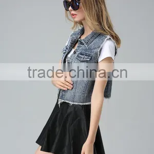 Garment Factory High Quality New Fashion Women Collared Denim Camo Vest thumbnail-5