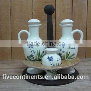 New Lavender Design Elegant Salt Pepper and Oil Vinegar Set With Wood Rack thumbnail-1
