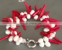 Wholesale 2 Rows 7" Pearls & 9-10mm Red Capsicum Shape Natural Coral Stone Bracelet thumbnail-1
