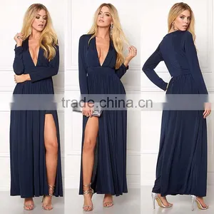 Long Sleeve One-piece Dress Deep V-neck Front Split Ladies Party Wear Gown Women's Evening Dress thumbnail-1