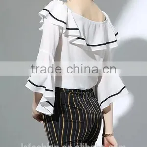 2017 Wholesale Summer Women Big Round Neck Ruffle Sleeve Fashion Chiffon Blouse thumbnail-3