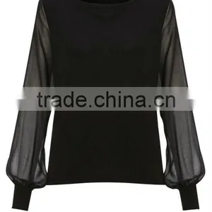 Ladies Jersey Top With Sheer Sleeves and Gathered Cuffs thumbnail-1