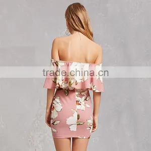 2017 Splited Neck and Off-shoulder Women Printed Sexy Bandage Dress thumbnail-5