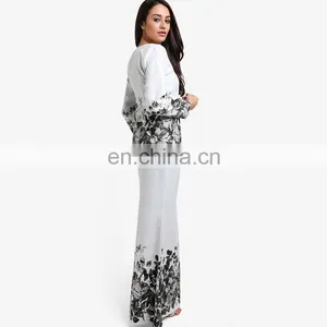White Print Islamic Dress Plus Size Women Baju Kurung thumbnail-2