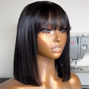 180 Density Full Machine Wigs Highlight Brown Colored Bone Straight Human Hair Bob Wigs 4 27 Human Hair With Bangs For Women thumbnail-2