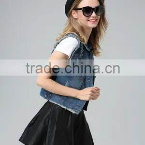 Ladies Cotton Spandex Stretch Vintage Blue Denim Vest With Studs and Rhinestones Decoration thumbnail-4