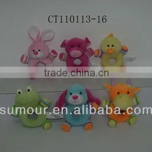 Stuffed Colourful Animal Shaped Cartoon Toy Plush Hand Bells For Babies thumbnail-1