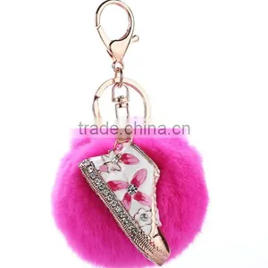 Fashion Gift Rhinestone Shoe Keychain With Rabbit Fur Ball thumbnail-1