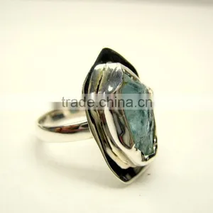 Aquamarine Raw Natural Gemstones Ring, 925 Solid Sterling Silver Rings, Blue Aquamarine Rough Gemstone Jewellery thumbnail-4