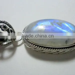Rainbow Moonstone Cabochon Oval 925 Sterling Silver Pendants , Designer Silver Pendants, Fashionable Silver Pendant thumbnail-1