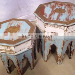 Metal Fitted Natural Set of 2 Wooden Round Stool thumbnail-1