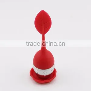 Red Color Stainless Steel Tea Infuser With Silicone Leaf Handle and Drip Tray thumbnail-1