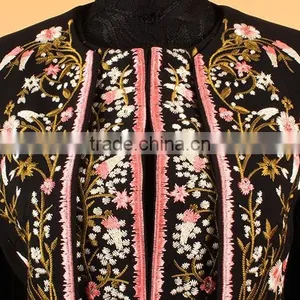 Retro Flowers Embroidered Long Sleeve Black Slim Long European Elegant Women Coat thumbnail-4