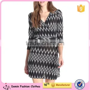 New Fashion Women Wrap Tie Waist Three-Quarter Sleeve A Line Dress thumbnail-1