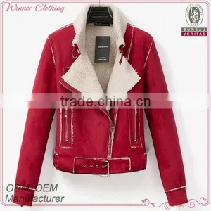 Factory Supply Thick Shearling Red Women Biker Jacket thumbnail-1