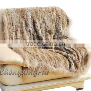 CX-D-72B Solid Thick Fluffy Raccoon Fur Trim Knitted Rabbit Fur Throw Blanket thumbnail-3