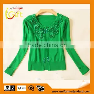 2014 Hot Sell Wholesale High Quality Cotton V-neck Long Sleeve Beaded Cardigan for Women thumbnail-1