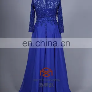 Lace Embroidered Royal Blue Long Sleeves Maxi Evening Dress For Fat Women HMY-CDA041 Ladies Long Evening Party Wear Gown thumbnail-3