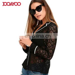 2017 New Sexy See Through Hollow Out Black Sheer Women Lace Tops Images of Ladies Casual Tops thumbnail-2