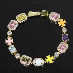 Geometric Colorful CZ Gemstone Chain Bracelet 10mm Silver Gold Multi Color Enamel Motif Hip Hop Unisex Jewelry Gift thumbnail-2
