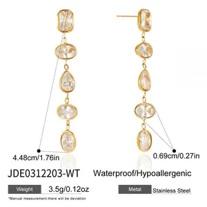 Luxury Long Drop Earrings Gold Plated Stainless Steel Cubic Zirconia Dangle Earrings Elegant Women Jewelry thumbnail-1