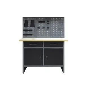Steel Workbench With Two Drawers and Two Cabinets, Includes 3 Metal Pegboards and 22 Hooks, thumbnail-1