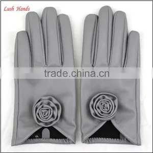Ladies Wholesale Cheap PU Leather Hand Gloves Grey With Roses thumbnail-1