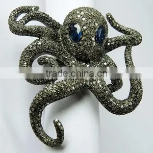 Just Perfect !! Octopus Design Blue Sapphire & Diamond 925 Sterling Silver Ring, Fine Silver Jewelry, Silver Jewelry thumbnail-1