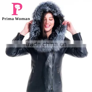 2015 Winter Leather Short Slim Fit Embroidered Women Coat With Belt Silver Fox Fur Hat thumbnail-3