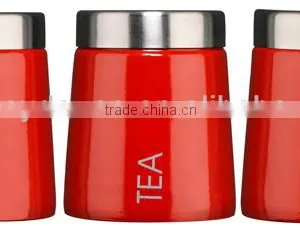Red Tea Coffee Sugar Canisters Stainless Steel Lip Set of 3 thumbnail-1