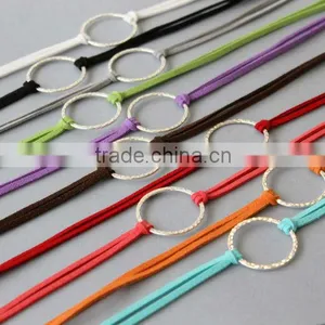 Silver Circle Charm Bracelet, Colorful Suede Leather Bracelet, Personalized Suede Cord Leather Bracelet thumbnail-1