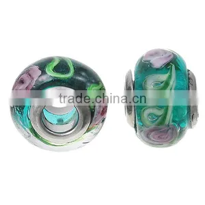 Lampwork Glass European Style Large Hole Beads Round Green Transparent Pink Flower With 304 Stainless Steel Silver Tone Core thumbnail-3