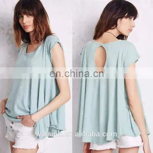 Short Sleeve Cotton Jersey Plain Color Ladie Back Cutout Tops,high Quality Babydoll Shirt thumbnail-4