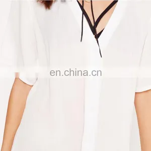 Latest Fashion Blouse Design White See Through White Shirt thumbnail-5