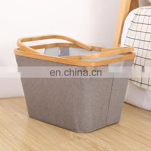Collapsible Rectangular Oxford Cloth Clothes Storage Toy Storage Box Laundry Basket With Bamboo Handle thumbnail-2