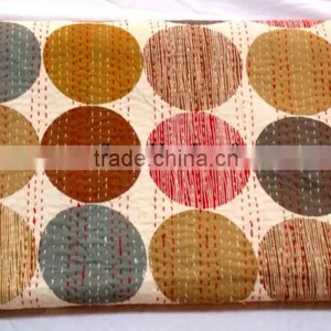 Queen Size Polka Dots Print Reversible Kantha Quilt Indian Sari Quilt Handmade Kantha Quilt Glazed Cotton thumbnail-1
