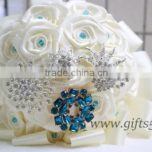 Customized Handmade Wedding Bouquets With Gorgeous Blue/ Silver Brooch thumbnail-4