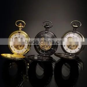 Skeleton Steampunk Transparent Half Hunter Roman Dial Gold Mechanical Pocket Watch thumbnail-5