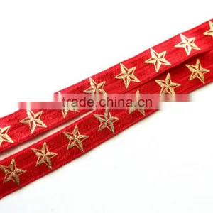 5/8" Fold Over Elastic Red With Gold Stars - Pattern, Metallic, Printed Elastic Band thumbnail-2