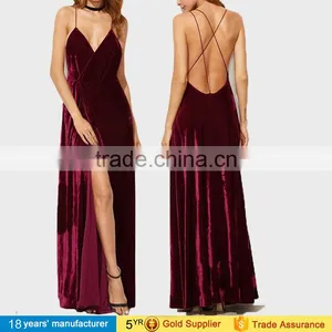 New Sexy Fashion Burgundy Spaghetti Strap Backless Wrap Maxi Long Party Velvet Prom Dresses 2016 thumbnail-1
