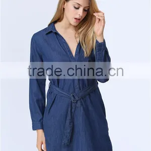 Fashionable Hot Sale Factory Price Long Sleeve With Waist Belt Women Denim Dress thumbnail-3