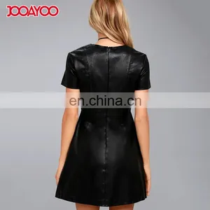 Women Clothes Skater Dress Fashion Black Leather Mini Dress for Ladies thumbnail-3