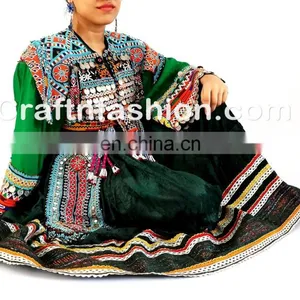 Vintage Handmade Balochi Dress With Tassels- Balochi Tribal Ethnic Coins Dress Handmade Kuchi Dress Ghagra Choli thumbnail-3