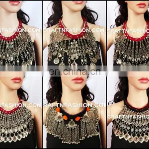 Designer Tribal Long Bell 1960s Handmade Necklace,BY Megh Craft - Indian Ethnic Old Coin Jewelry Afghanistan Kuchi Tribal Set thumbnail-1